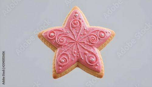  Delightful star-shaped sugar cookie covered in smooth pink frosting, decorated with elegant swirls and sparkling silver dragees, premium bakery dessert, ultra-realistic food photography, buttery cook