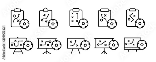 Cuadro en lienzo Soccer game strategy and tactic plan outline icons vector illustration set isolated on white background