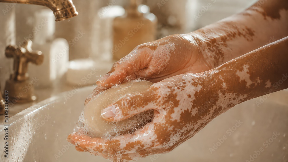 Fototapeta premium Close-up of woman with vitiligo washing hands with a bar of soap in bathroom. Macro shot of female person with skin pigmentation condition practicing daily hygiene routine