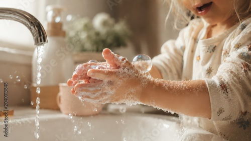 Close-up of a little child washing hands with soap bubbles in a bright bathroom. Cute kid practicing daily personal hygiene routine and playing with foam