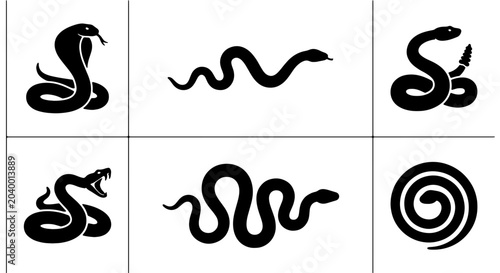 Billede på lærred Six Black Snake Icons, Reptile Silhouettes Collection, Serpent Vector Graphics,