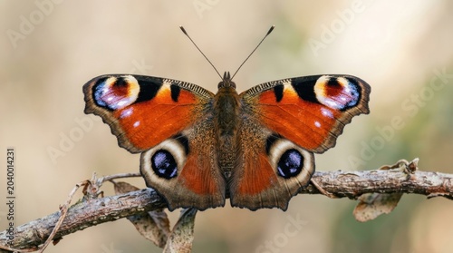 Vibrant Peacock Butterfly (Aglais io) with Open Wings Perched on a Twig, Showcasing its Striking Eye-spots and Intricate Patterns in Nature, Close-up Macro Shot
