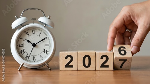 Alarm clock and wooden blocks showing year 2027 with hand changing block from 6 to 7 symbolizing new year countdown time passing and future planning concept.