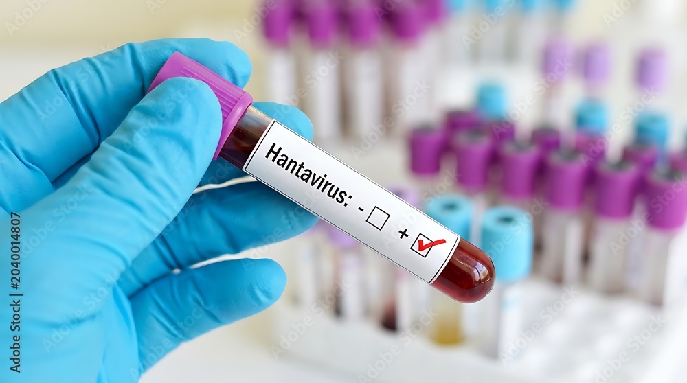 Obraz premium Blue gloved medical technician holding blood collection vial labeled positive for hantavirus in front of blurred clinical storage rack within science laboratory.