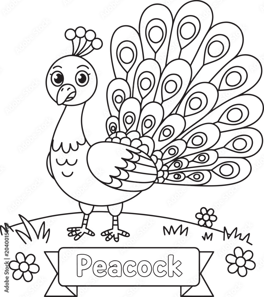 Fototapeta premium peacock, displaying magnificent tail feathers, adorable cartoon