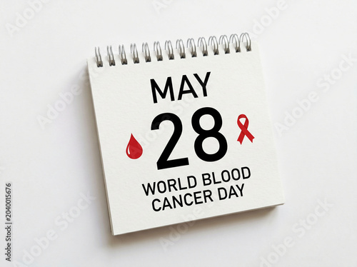 World Blood Cancer Day awareness calendar page with red ribbon and blood drop symbol.