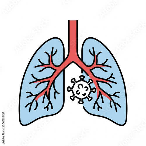 Lungs with bronchial tree and virus in respiratory system anatomy.