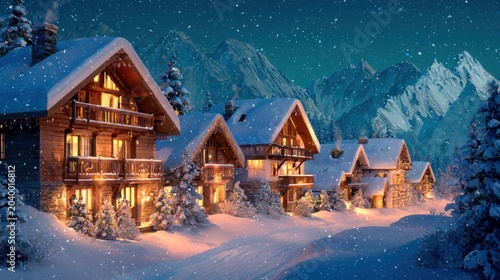 Snowy Mountain Village with Warm Lighted Cabins Under Starry Night Sky