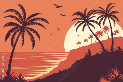 Quadro su tela beautiful sunset landscape vector design with flying birds, palm trees in red an