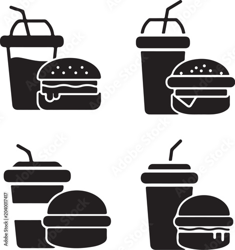Fast Food Combo Vector Icons, Burger and Soda Cup Silhouettes.