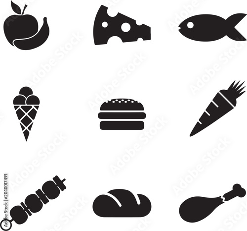 Food and Ingredients Vector Icon Set, Healthy and Fast Food Silhouettes.