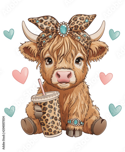 A cute cartoon illustration of a Highland cow wearing a leopard print bandana with turquoise gem decorations