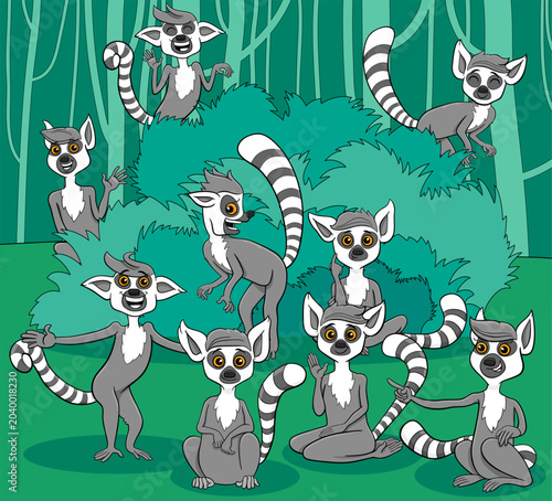Canvas Print cartoon funny lemurs wild animals comic characters group