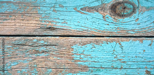Billede på lærred Close-up of rustic weathered wood planks painted in turquoise