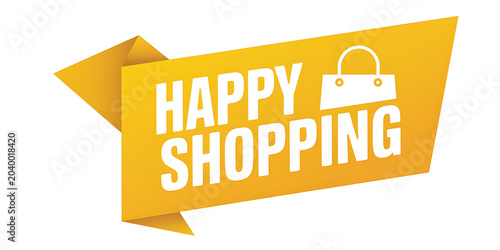 Yellow origami banner with white text happy shopping and shopping bag icon paper speech bubble
