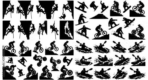 Foto Extreme Sports Silhouettes Collection: Rock Climbing, Snowboarding, Mountain Bik