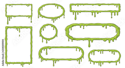 Assorted green slime frames in various shapes including rectangles and circles with dripping toxic liquid for Halloween decor.