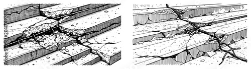 Photos Dilapidated concrete staircases with severe cracks and metal reinforcement, urba