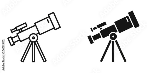Billede på lærred Telescope icon with tripod in outline and solid fill on white background for sci
