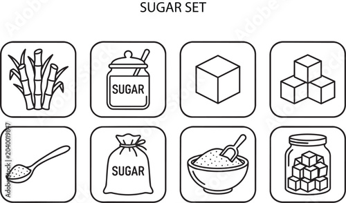 Minimalist black-and-white glyph illustrations representing sugar in multiple forms: sugarcane stalks, jar labeled SUGAR .