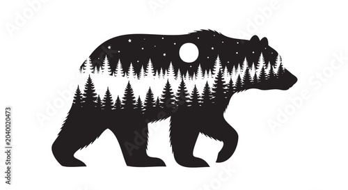 Canvastavla Black bear silhouette, forest landscape, night sky, moon vector icon