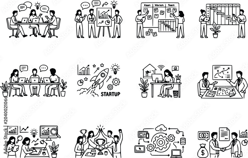 Fototapeta premium Business Startup Line Art Set Teamwork Office Workflow Illustrations