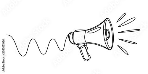 Fényképezés Continuous line drawing of a megaphone with sound waves emanating from the bell,