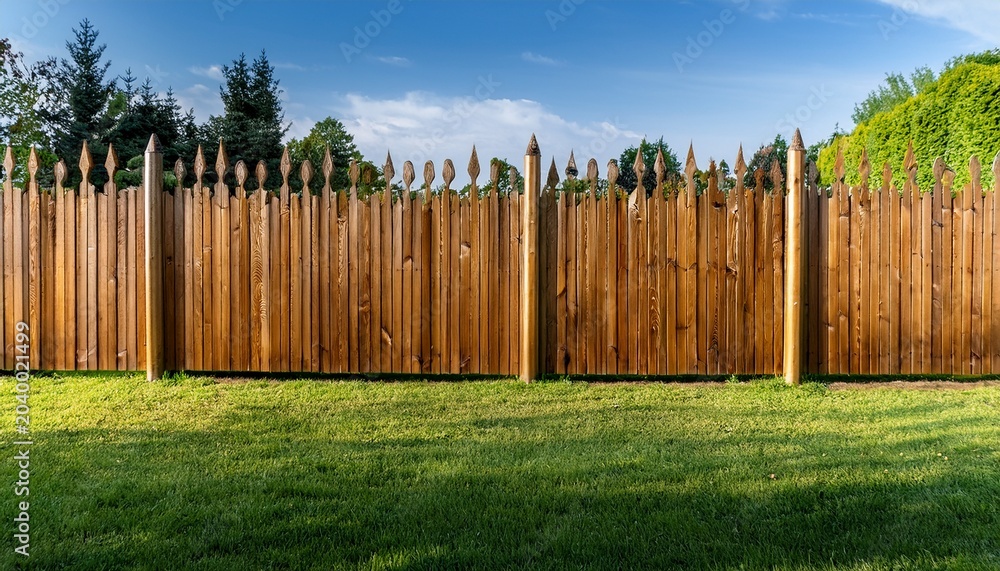 Fototapeta premium a long wooden fence with vertical planks and decorative posts bordered by green grass and trees in the background