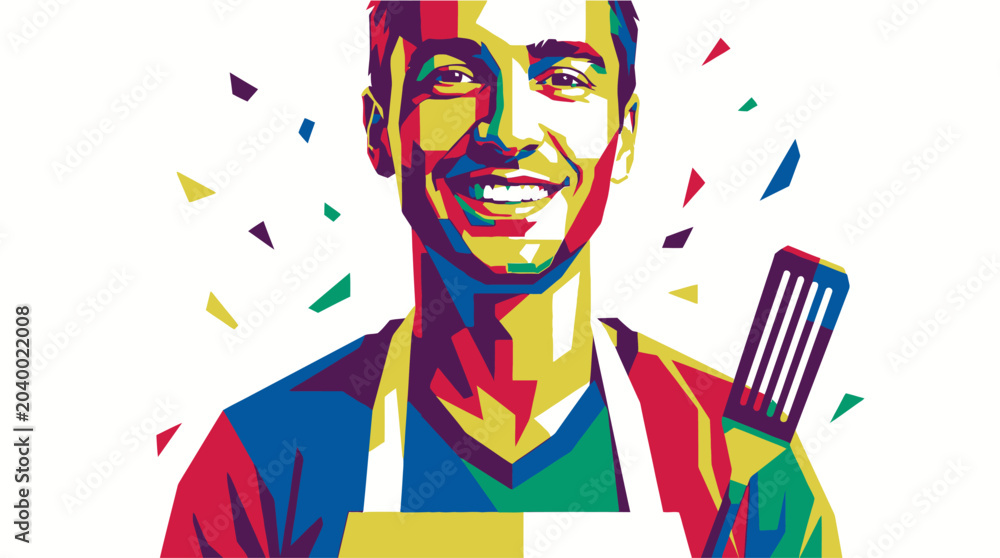 Fotografie Smiling man wearing apron holding brush.