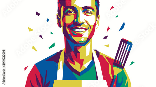 Fotografie Smiling man wearing apron holding brush.