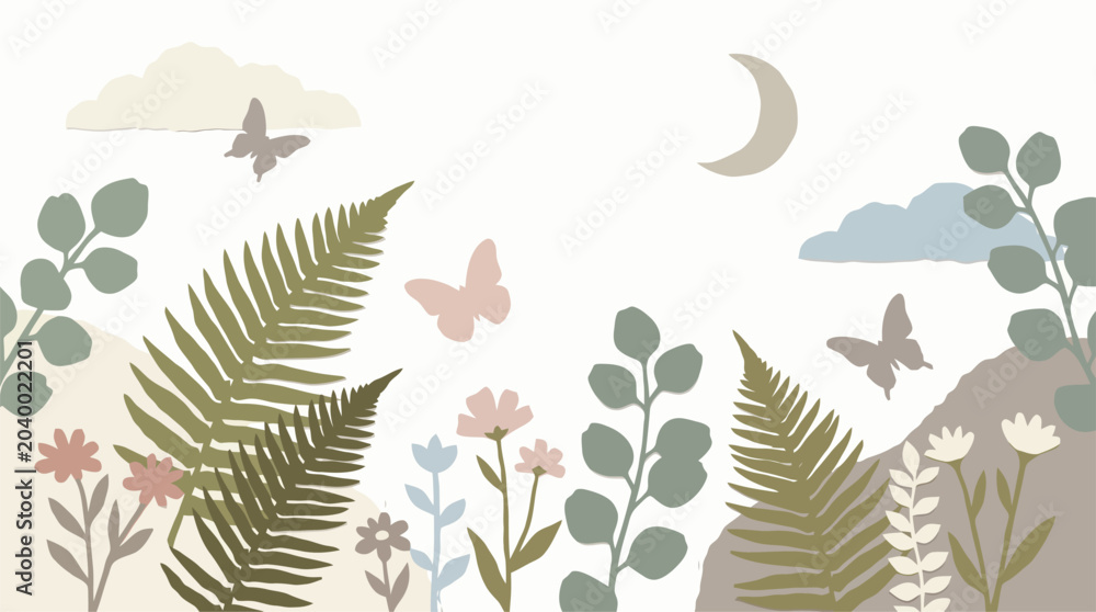 Obraz premium Delicate floral wallpaper pattern with butterflies and crescent moon