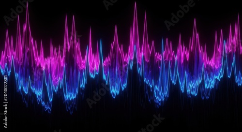 Colorful sound wave pattern with pink and blue neon lines on black background