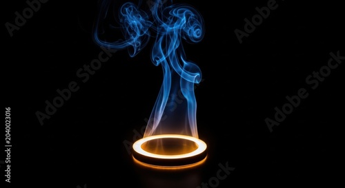 Glowing orange ring with blue smoke rising up on black background