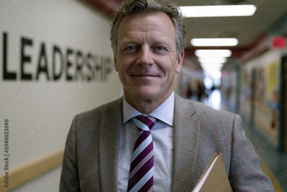 Naklejka premium Male school principal holding folder in modern hallway with leadership sign