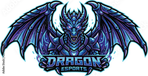 Neon Dragon Esports Mascot Logo, Cyberpunk Gaming Vector