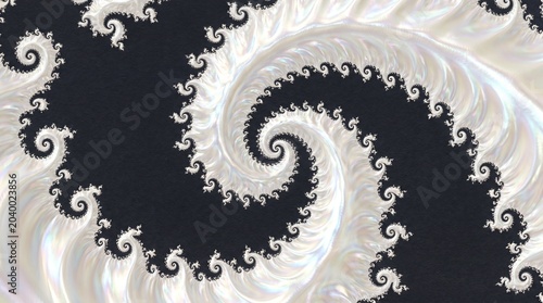 Abstract fractal spiral with pearlescent white and dark gray textures
