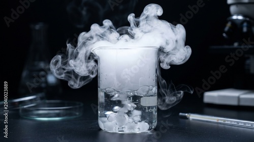 Foto White smoke billowing from beaker with ice cubes in liquid on dark laboratory ta