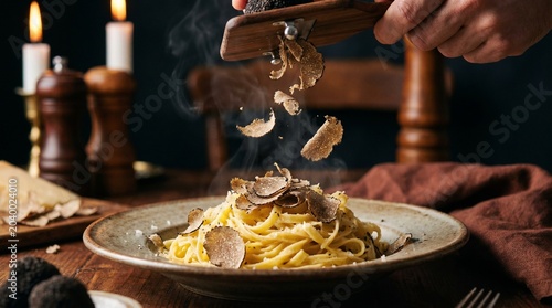 Chef shaves fresh black truffles onto a steaming plate of pasta