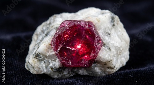 Cuadro en lienzo Raw hexagonal ruby crystal embedded in white granite rock