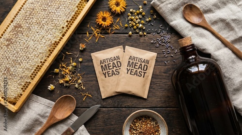 Foto Artisan mead yeast packets with honeycomb and brewing ingredients on rustic wood