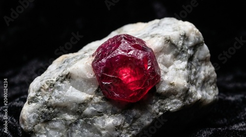 Fotografie Raw deep red ruby gemstone on a rough white marble rock