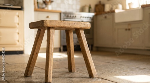 Rustic wooden stool in a bright, traditional kitchen setting