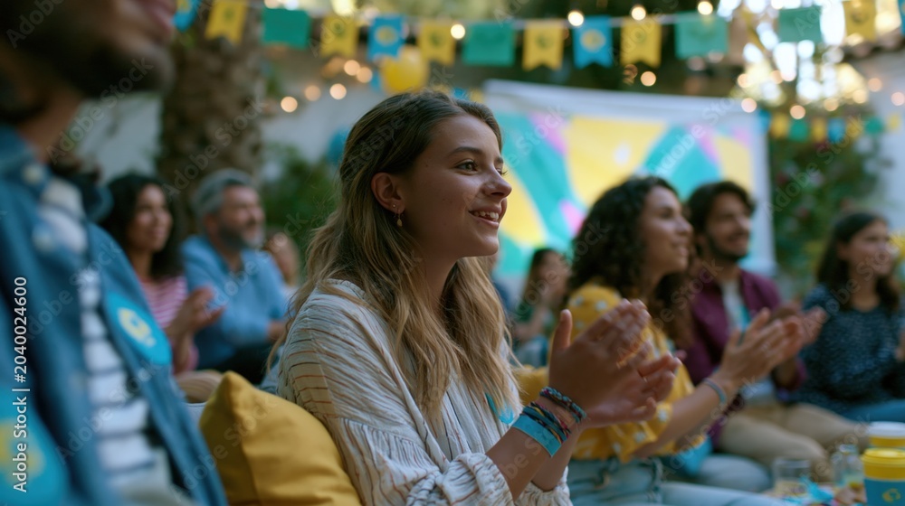 Obraz premium Diverse football fans clapping at outdoor courtyard watch party with green and yellow decor