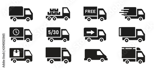 Vászonkép Fast shipping delivery truck with packages icon set