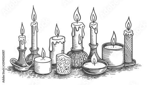 Fotografie Collection of hand-drawn burning candles in various holders