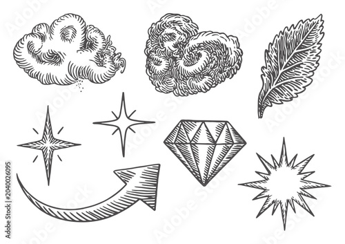Collection of hand-drawn cloud, leaf, diamond, arrow, stars