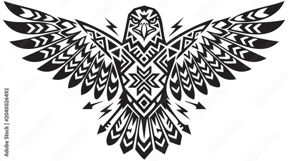 Fototapeta premium Tribal owl, black and white vector, tribal tattoo, ethnic bird design, ornate wings