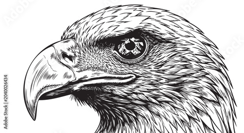 Black and white eagle head, bird of prey illustration, wildlife sketch, animal portrait, vector drawing