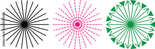 Collection of modern abstract radial line art designs with arrows and dots in black, pink, and green
