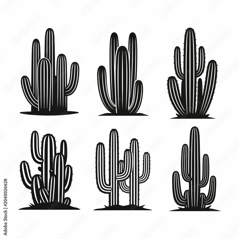 Fototapeta premium Set of Black and White Cactus Silhouettes on White Background